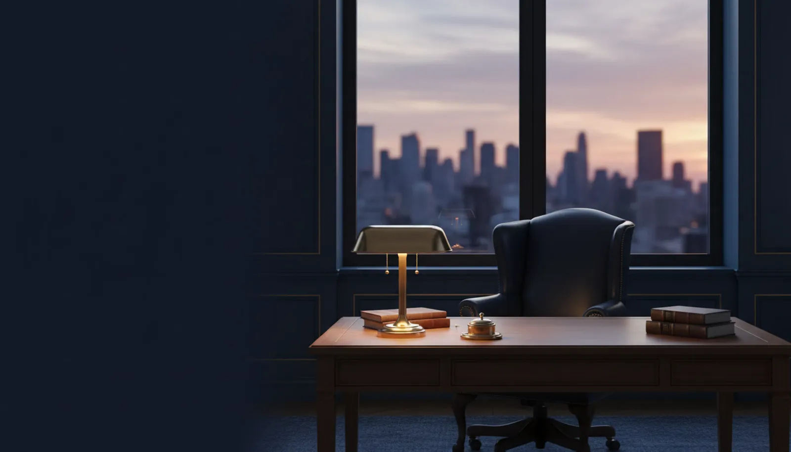 A quiet executive office at dusk overlooking the city
